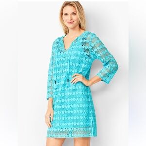 Talbots Size L Teal Cotton Crochet Beach Tunic Cover up Dress NEW!